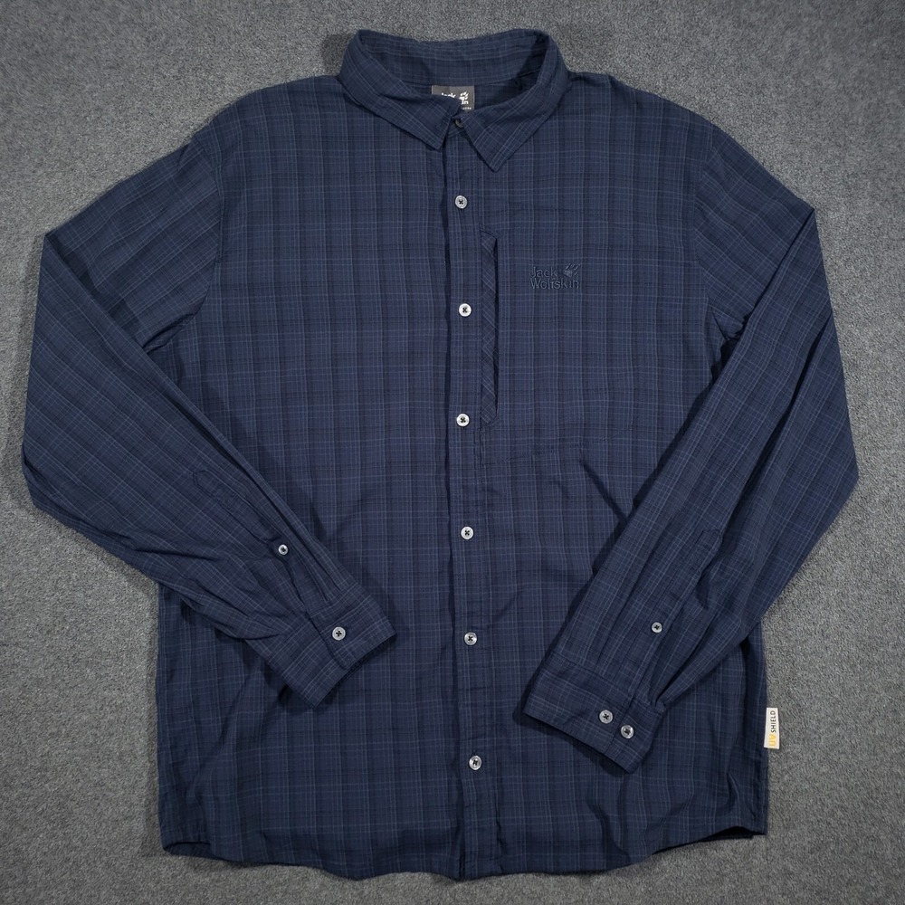 Jack‎ Wolfskin Shirt Mens Large Blue Plaid Check Long Sleeve Pocket Vented